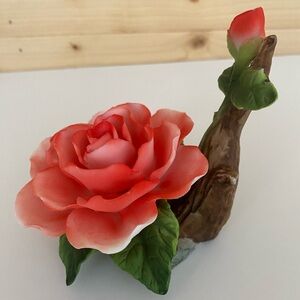 Vintage Coral Pink Porcelain Rose Figurine on Branch with Leaves Blooming Rose